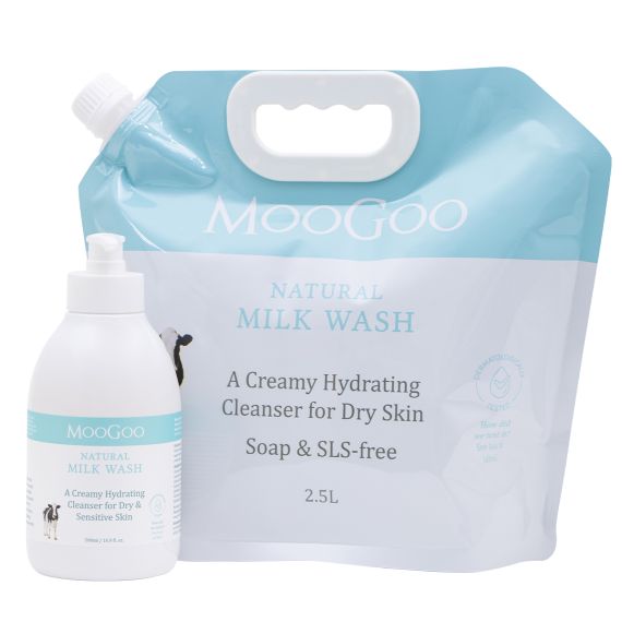 MooGoo Milk Wash Refill Set showing one 500ml Milk Wash bottle and 1 2.5 Litre Milk Wash Refill Pouch in pale blue and white packaging. 