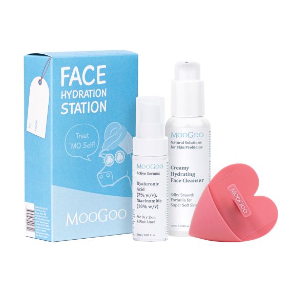 MooGoo Face Hydration Station Skincare Pack in a custom printed blue gift box. 