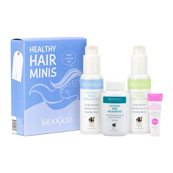 MooGoo Healthy Hair Minis pack in a custom printed blue gift box. 