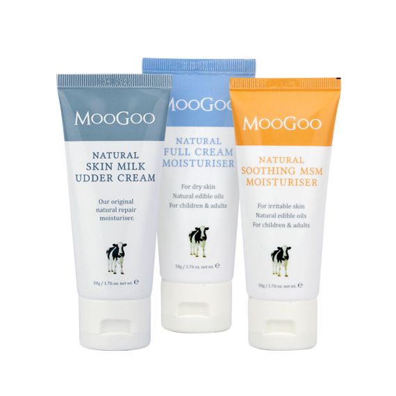 MooGoo Moisturising Minis  trio, featuring a 50g size of the Natural Skin Milk Udder Cream, Natural Full Cream Moisturser and Natural Soothing MSM Moisturiser