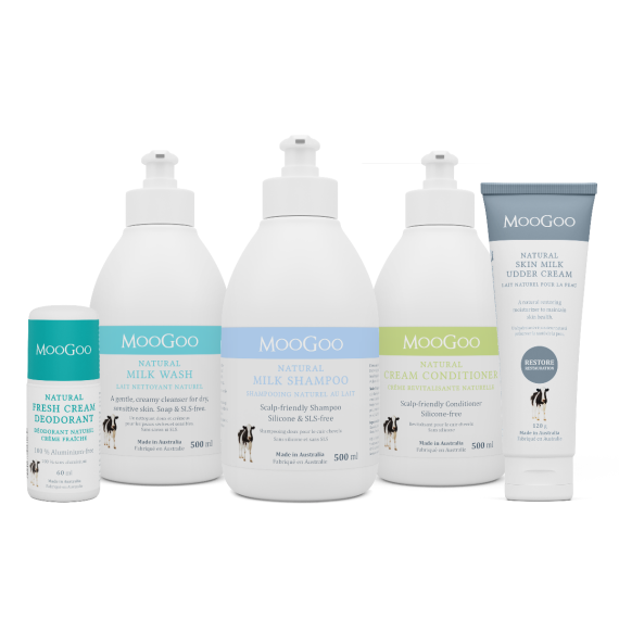 MooGoo skincare and haircare essential gift set. Natural shampoo, conditioner, moisturizer, wash and deodorant.