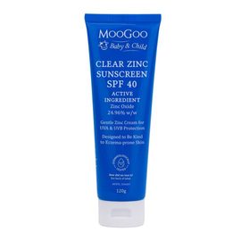 MooGoo Skincare Clear Zinc Sunscreen SPF 40 120g blue tube packaging on white background