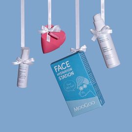MooGoo Face Hydration Station Skincare Pack in a custom printed blue gift box. 