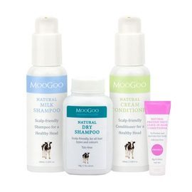 MooGoo Healthy Hair Minis pack in a custom printed blue gift box. Featuring our Natural Milk Shampoo, Natural Cream Conditioner, Natural Dry Shampoo and Natural Protein Shot Leave-In Hair Conditioner. 